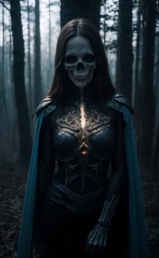 A mysterious woman in a dark forest wearing skeletal armor and a skull mask, with long hair and a flowing cloak, surrounded by black smoke and a stormy atmosphere.