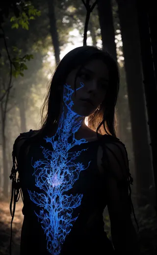 A woman stands in a shadowy forest with blue, ethereal energy glowing along her neck and chest, surrounded by dim light filtering through the trees.