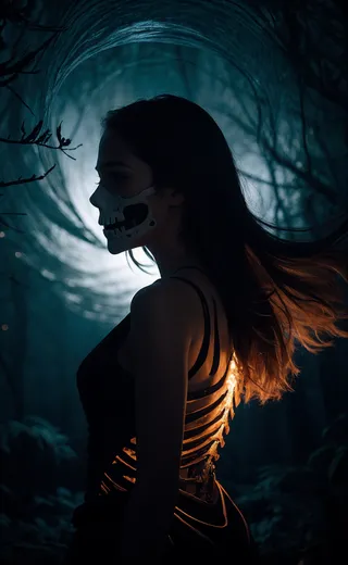 A young woman dressed as a skeleton witch with skeletal armor and a faint skeleton mask stands in a swirling dark vortex within a mystical forest, illuminated by cinematic lighting.