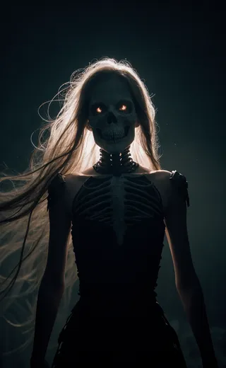 A young skeleton witch with glowing eyes, wearing skeletal armor and an ethereal dress, standing amid swirling darkness in a dark forest.