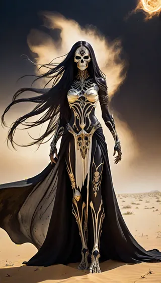 A woman in skeletal armor and flowing black cape stands in a desert with wind-blown long hair, wearing a diamond skull mask, under a dark cloudy sky with a glowing lunar eclipse.