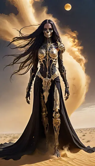 Elegant woman with long flowing hair wearing intricate skeletal armor and a black flowing dress standing in a desert with a lunar eclipse and sandstorm in the background, emitting golden sands from her eyes.