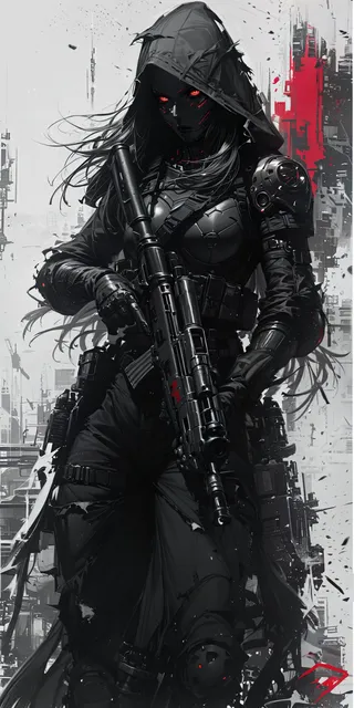 Black and white cyberpunk-style sketch of a hooded woman with glowing red eyes, wearing dark armor and holding a large machine gun, set against a war-torn urban background.