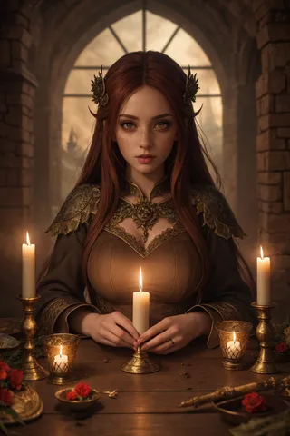 Elven woman with auburn hair and freckles, dressed in intricate medieval armor, holding a candle at a wooden table surrounded by candles and small red flowers in a fantasy workshop setting.