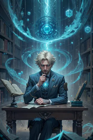 A platinum blonde man in a blue suit concentrating at a desk surrounded by glowing magical symbols and ancient books in a vast library with a magical aura.