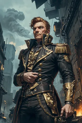 A detailed portrait of a military commander blending Napoleonic era style with cyberpunk elements, dressed in luxurious black and gold uniform, in a smoky urban background.