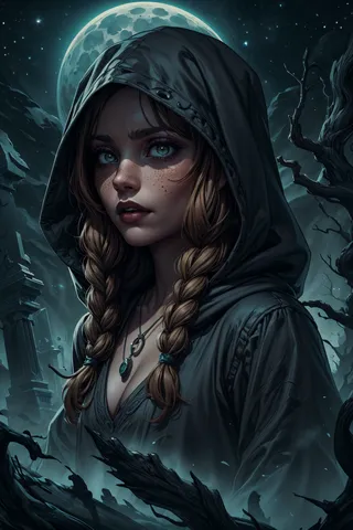 Portrait of a hooded vampire girl with braided hair, jade eyes, freckles, wearing a pendant, standing in a moonlit cemetery with eerie shadows and mist.
