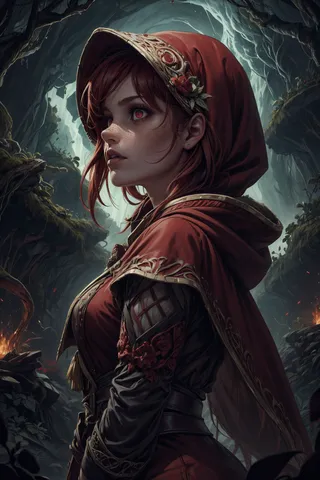 Detailed portrait of an elven hemomancer woman wearing scarlet robes and hood, with glowing red eyes and intricate golden embroidery, standing in a dark forest cave.