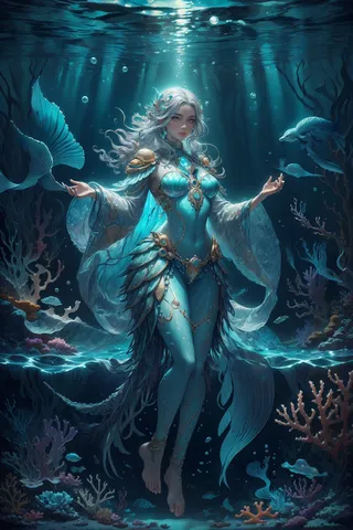 A mythical atlantean woman with silver hair and ornate aquatic armor floating gracefully in an oceanic underwater realm surrounded by coral reefs, fish, and luminescent sea life.