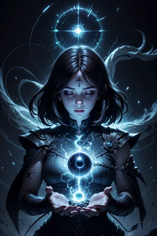 A dark fantasy elven woman with closed eyes and a glowing magical third eye on her forehead, holding a floating blue energy orb surrounded by electric magic in an ethereal atmosphere.
