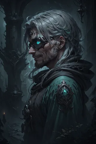 Side view portrait of a masculine silver-haired techno-warlock with glowing blue eye, dark mage clothes, sci-fi amulet and goggles, surrounded by floating skulls in a gothic eerie forest.