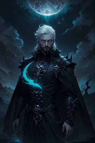 Masculine male lunar cultist with glowing blue eyes and white ethereal hair wearing dark gothic ritual clothes under a glowing full moon and cloudy night sky with lunar eclipse and tranquil waters.