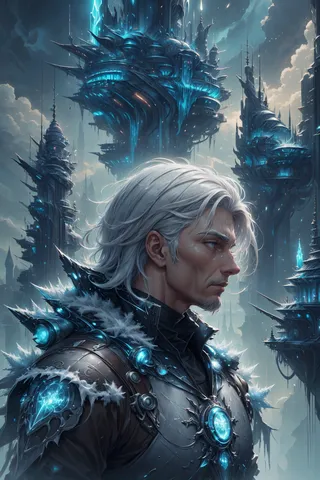 Profile portrait of an old Polish male with white shaggy hair and icy futuristic armor standing against a background of a magical floating cloud city with towering structures and glowing blue lights.