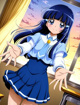 Aoki Reika from Smile Precure! with long blue hair and blue eyes wearing a blue and white school uniform, extending her arms for a hug in a classroom at sunset with curtains blowing.