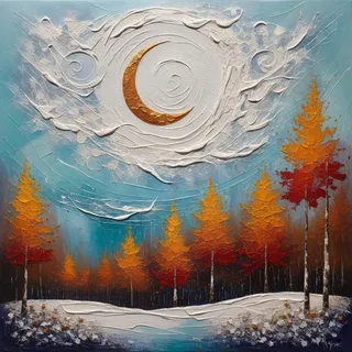 Textured abstract oil painting showing a golden crescent moon surrounded by swirling white clouds over orange and red autumn trees on a snowy winter landscape.