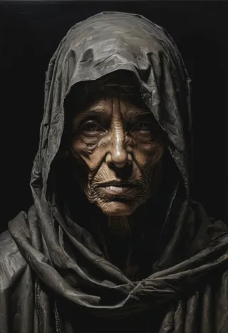 Hyperdetailed oil painting of a faceless homeless woman in a deconstructed style, with deep chiaroscuro lighting, emphasizing textures and shadows.