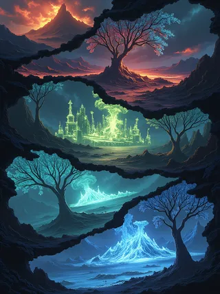 A fantasy scene split into five shattered fragments resembling broken mirror pieces, each showcasing a distinct world: fiery desert, enchanted forest, glowing underwater city, post-apocalyptic wasteland, and frozen ice mountains connected by glowing magical cracks.
