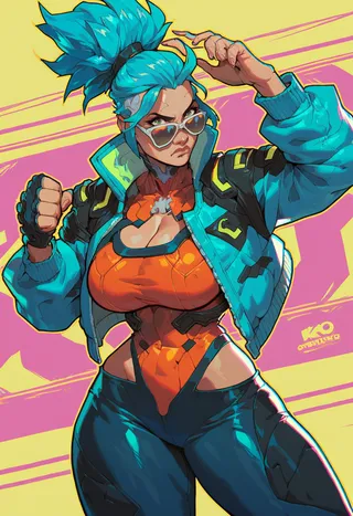 Cyberpunk styled woman with blue hair in a fighting stance wearing a colorful jacket, sunglasses, and tight pants against a simple colorful background.