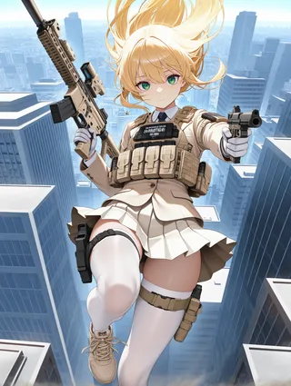 Blonde girl with green eyes wearing beige tactical plate carrier, pleated skirt and white thigh highs, falling through a cityscape while aiming an assault rifle and a handgun.