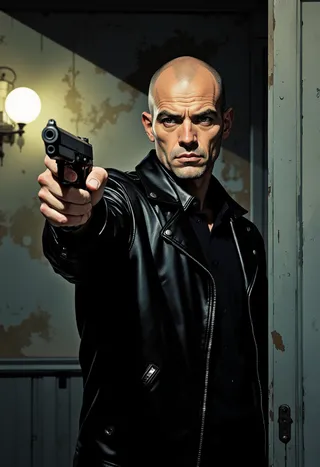 Bald man wearing a black leather jacket aiming a handgun directly at the viewer, with dramatic lighting and a worn wall in the background.