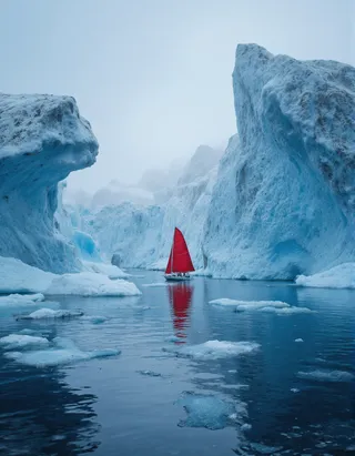 A red-sailed sailboat glides through calm Arctic waters surrounded by towering blue icebergs under a cloudy sky.