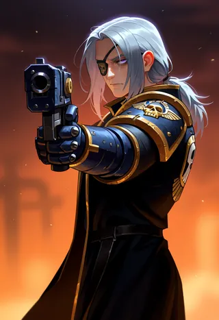 Male Warhammer 40k character with grey hair and eye patch aiming a bolt pistol, wearing a black armored coat with golden trim and skull Inquisition emblem.