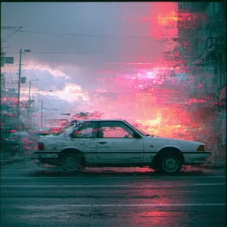 Vintage white car distorted with digital glitch effects, pixelation, and neon glitch lines against an urban background with fragmented clouds and buildings.