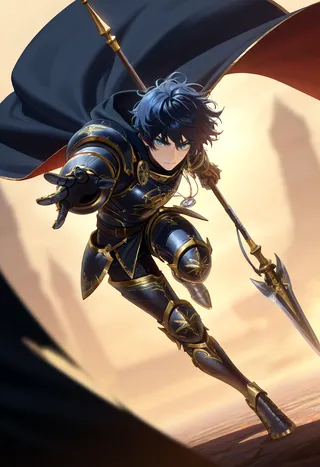 A male warrior with short messy black hair and piercing blue eyes wearing detailed black armor with gold trim, poised dynamically with a spear and flowing cape.