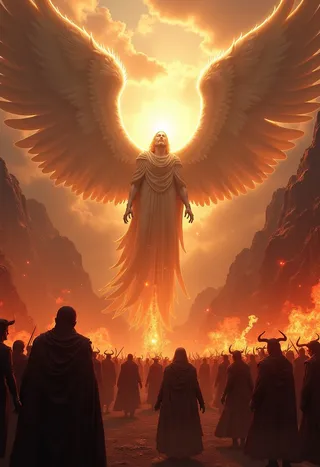 A majestic angel glowing with holy light hovers above a scorched battlefield filled with silhouetted demons with glowing eyes and horns.