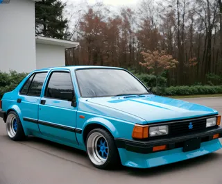 Electric blue 1980s Lada car with lowered suspension, tinted windows, white wheels, and modified body parked on a wet street.