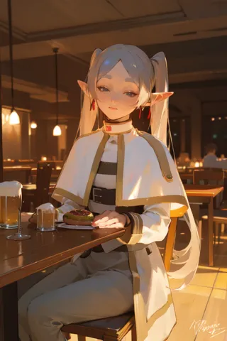 Photorealistic elf with long twintails and white capelet sitting at a wooden table in a fantasy restaurant during evening, with a giant hamburger patty and wooden beer mug.