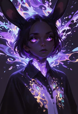 A dark fantasy girl with rabbit ears glowing purple light and swirling magical patterns around her neck and chest.