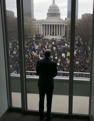 Back view of a senator in a suit looking out from his office window at a large protest crowd gathered near the Capitol building.