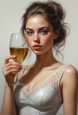 A hyperrealistic digital painting of a beautiful young woman holding a glass of champagne, featuring detailed skin texture and an elegant white dress with lace.