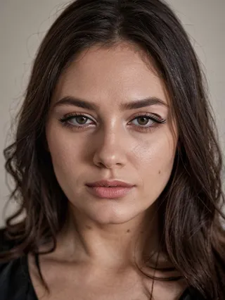 Closeup portrait of a beautiful young woman with subtle makeup, dramatic lighting, and a neutral background