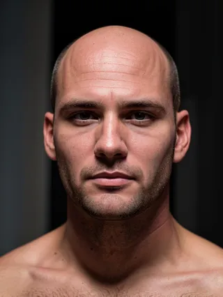 Closeup, high quality portrait of a bald man with a serious expression under dramatic cinematic lighting in 8k resolution.
