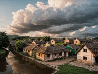 Photo of an old village at evening with traditional thatched-roof houses, green trees, and dramatic clouds reflected in a narrow water canal.
