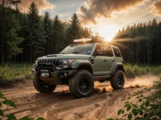Green offroad SUV driving on a dirt road in a dense forest during sunset with clouds in the sky.