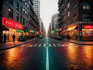 Photo of a city street at dusk with neon lights illuminating storefronts and wet pavement reflecting vibrant colors in an analog photography style.