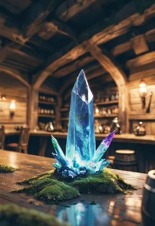 A close-up of a glowing blue crystal cluster with moss on a wooden table inside a dimly lit rustic tavern, illuminated with rim lighting and showing high detail.