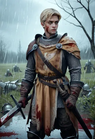 Mature male medieval knight with blonde short hair and green eyes wearing bloodstained chainmail armor and tabard, holding a bloodied sword in the rain on a battlefield.
