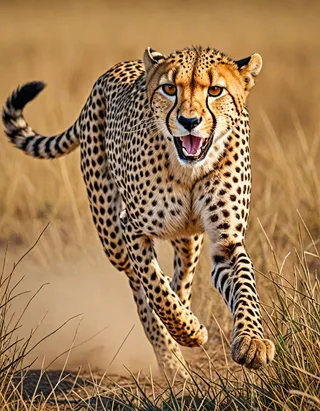 Highly detailed action photograph of a cheetah chasing its prey in tall dry grass, captured with 35mm DSLR in 8K HDR resolution.