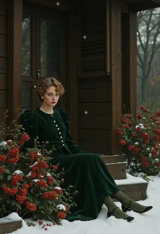 A woman in a dark green Victorian-style dress with puff sleeves and gold buttons sits on a snowy wooden porch surrounded by red berries, creating a magical Christmas atmosphere.