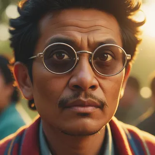 Close-up portrait of a man wearing hypnotic round glasses with a bokeh background and warm sunlight illuminating his face.