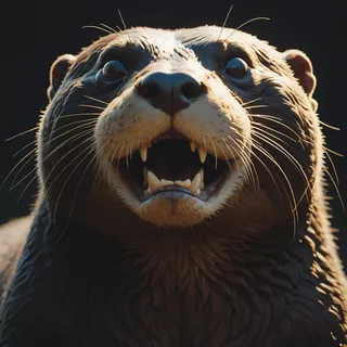 Close up of an otter with sharp teeth and wet fur under black lighting, captured with long exposure using a 50mm lens on Kodak Portra 400 film
