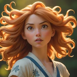 Close-up stylized portrait of a female Will-o'-the-wisp with flowing caramel hair, captured in golden hour light, displaying an awe expression.