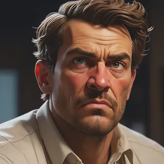 Ultrarealistic close up portrait of an office worker man with a tilted head, detailed facial features, and professional attire.