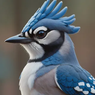 Close-up image of an extraordinary Blue Jay showing detailed feathers and a crest, captured at dawn with soft lighting and motion blur.