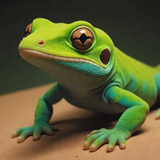 Close-up medium shot of a bright green gecko with textured skin and large, striking brown eyes on a brown surface.