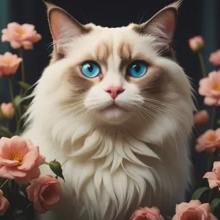 Close-up portrait of a Ragdoll cat with striking blue eyes surrounded by soft pink flowers in deep focus and spotlighted lighting.